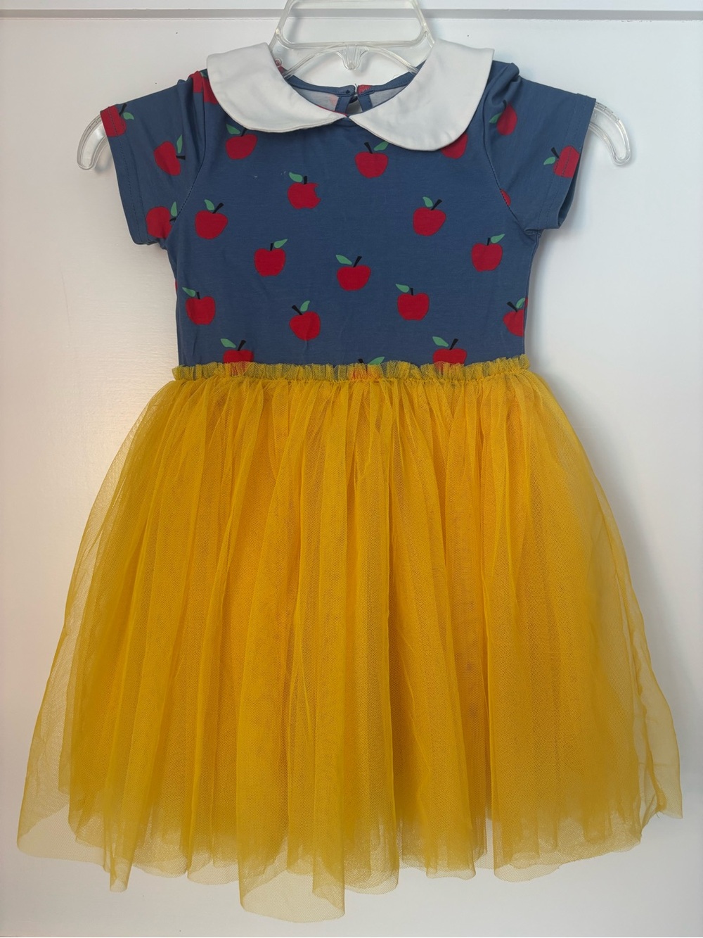 Girls Blue Apple-Print Dress with Yellow Tulle Skirt size 6